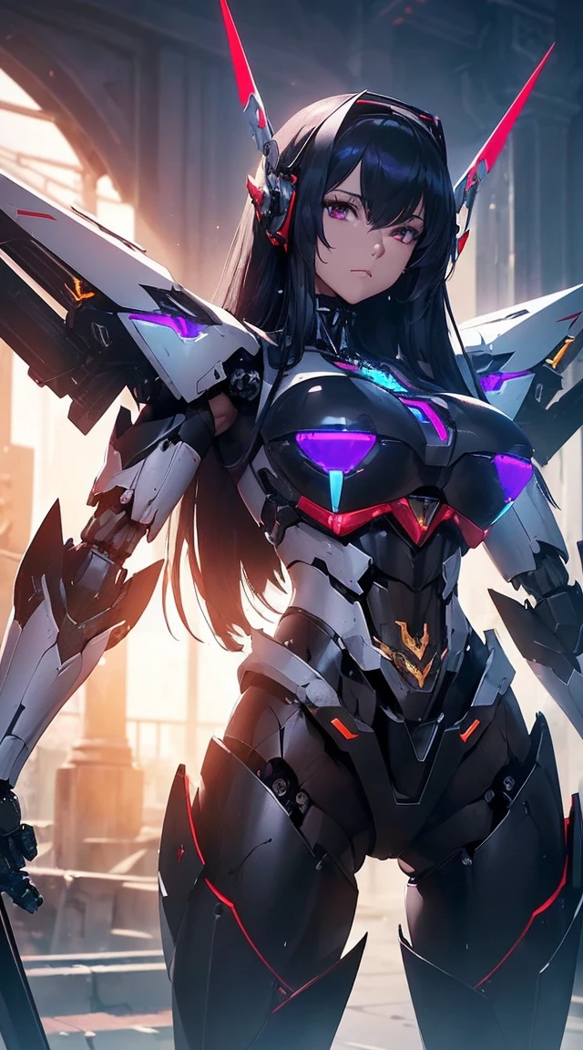((Shining lenses on both breasts:1.3))、((Pillars of red light radiate from both chests..:1.3))、((Attack pose:1.6))、((He has a red sword and a long rifle:1.6))、((Battle Scenes:1.8))、((8k)), ((32k)), ((Highest quality)), ((masterpiece)), ((超A high resolution)), ((Tmasterpiece)), ((halo:1.4))、((Mechaニカルheadgear:1.2))、((Cyber headphones:1.3))Fine skin, High quality fabric, High-quality metal texture、((Beautiful and dense face))、RAW Photos、Professional, Ultra-fine painting, ((alone)), Beautiful breasts、Highest quality, Very detailed, Very detailed詳細, Finer details, so beautiful, ((Black Knight Robot:1.2)), (Joint of the machine, Mechanical Limbs:1.3), (The internal structure of the machine is exposed:1.3), (Long black hair:1.1), (Beautiful and huge mechanical breasts)、White Veil, cowboy_shot, Side Focus, headgear, Shiny、(Five Fingers, Four fingers and thumb),Concept Art, Anime fantasy artwork, Detailed fantasy art, (Has light blue-purple hair and black wings,,,,,,), (((Long black hair))), (Mecha:1.6)、Sleek and intimidating design, (Jet black perfect robot body)、Jet black and reddish purple arms, Symmetrical wings, 8K High Resolution, Detailed Art, 3D rendering of character art in 8K, neat legs, Defined, Defined fingers,((headshot:1.6))