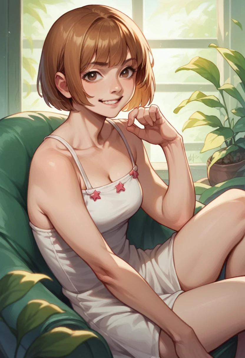 girl sitting bossy in a chair, with a big minji sign at the back, golden brown hair, bob cut with a cute bangs, medium chest, with a cute smirk on her face, realistic style