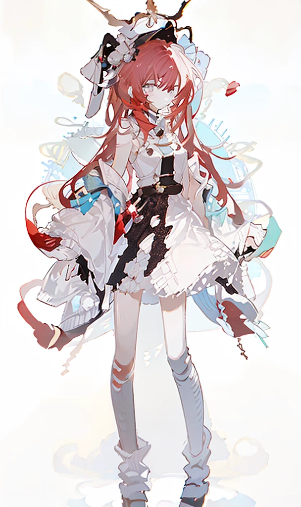A girl，whole body，Standing picture，Character Design，Red Hair，apple，Complex headdress，Complex clothes，Long hair，Double tail