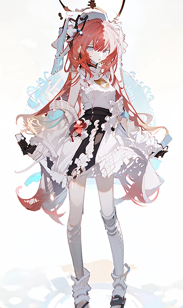 A girl，whole body，Standing picture，Character Design，Red Hair，apple，Complex headdress，Complex clothes，Long hair，Double tail
