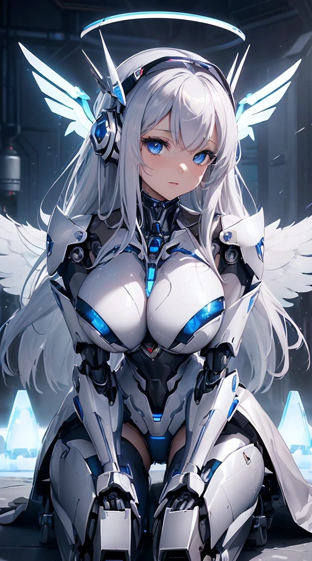 (Sit with one knee on the machine:1.6)、(Full body description:1.3)、((Shining lenses on both breasts:1.3))、((Blue pillars of light are emanating from both chests.:1.3))、smile、((8k)), ((32k)), ((Highest quality)), ((masterpiece)), ((超A high resolution)), ((Tmasterpiece)), ((halo:1.4))、((Mechaニカルheadgear:1.2))、((Cyber headphones:1.3))、Fine skin, High quality fabric, Fine metal texture、((Beautiful and dense face))、RAW Photos、Professional, Ultra-fine painting, ((alone)), Beautiful breasts、Highest quality, Very detailed, Very detailed詳細, Finer details, so beautiful, ((Princess Knight Robot:1.2)), (Joints of machines, Mechanical Limbs:1.3), (The internal structure of the machine is exposed:1.3), (Long silver hair:1.1), (Beautiful and huge mechanical breasts)、White Veil, cowboy_shot, Side Focus, headgear, Shiny、(Five Fingers, Four fingers and thumb),Concept Art, Anime fantasy artwork, Detailed fantasy art, (with pale blue-violet hair and large white wings,,,,,,,), (((Long silver hair))), (Mecha:1.6)、Sleek and intimidating design, ((Commander-in-Chief'arm)), (Perfect robot body)、純白と青紫armまたは, Symmetrical wings, 8K high quality, detailed art, 3D rendering of character art in 8K, neat legs, Defined, Defined fingers,
