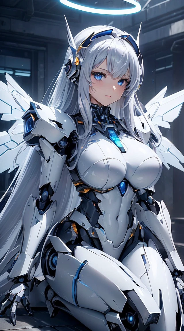 (Sit with one knee on the machine:1.6)、(Full body description:1.3)、((Shining lenses on both breasts:1.3))、((Blue pillars of light are emanating from both chests.:1.3))、smile、((8k)), ((32k)), ((Highest quality)), ((masterpiece)), ((超A high resolution)), ((Tmasterpiece)), ((halo:1.4))、((Mechaニカルheadgear:1.2))、((Cyber headphones:1.3))、Fine skin, High quality fabric, Fine metal texture、((Beautiful and dense face))、RAW Photos、Professional, Ultra-fine painting, ((alone)), Beautiful breasts、Highest quality, Very detailed, Very detailed詳細, Finer details, so beautiful, ((Princess Knight Robot:1.2)), (Joints of machines, Mechanical Limbs:1.3), (The internal structure of the machine is exposed:1.3), (Long silver hair:1.1), (Beautiful and huge mechanical breasts)、White Veil, cowboy_shot, Side Focus, headgear, Shiny、(Five Fingers, Four fingers and thumb),Concept Art, Anime fantasy artwork, Detailed fantasy art, (with pale blue-violet hair and large white wings,,,,,,,), (((Long silver hair))), (Mecha:1.6)、Sleek and intimidating design, ((Commander-in-Chief'arm)), (Perfect robot body)、純白と青紫armまたは, Symmetrical wings, 8K high quality, detailed art, 3D rendering of character art in 8K, neat legs, Defined, Defined fingers,