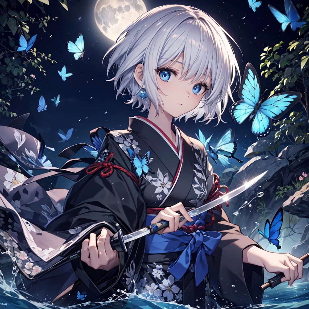 (((1 person)))　((High resolution　Gray Hair　short hair　Black kimono　Shoulder))　((Black Band　military commander　Lonely　despair　blue eyes))　((Blue Butterfly　night　Japanese style　old　Shining Aura　garden　water surface))　(dance　日本knife　knife　Slashing)　moon　star　Draw your sword　Slashing　Catch the wind　
