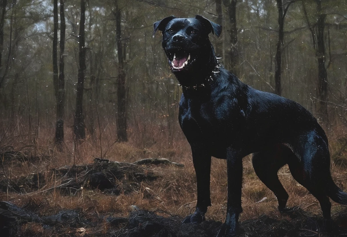 giant black dog, dark forest background
