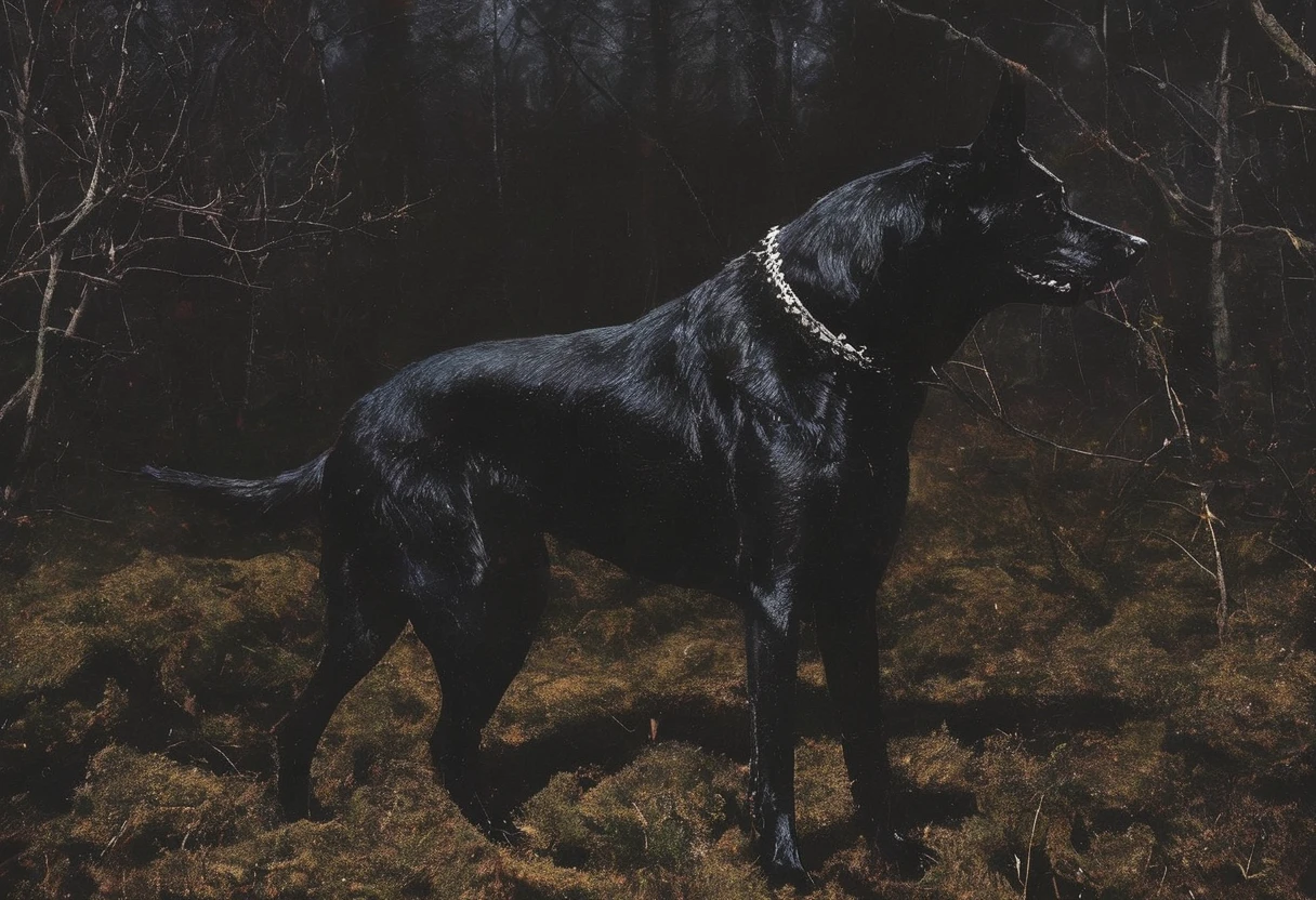 giant black dog, dark forest background