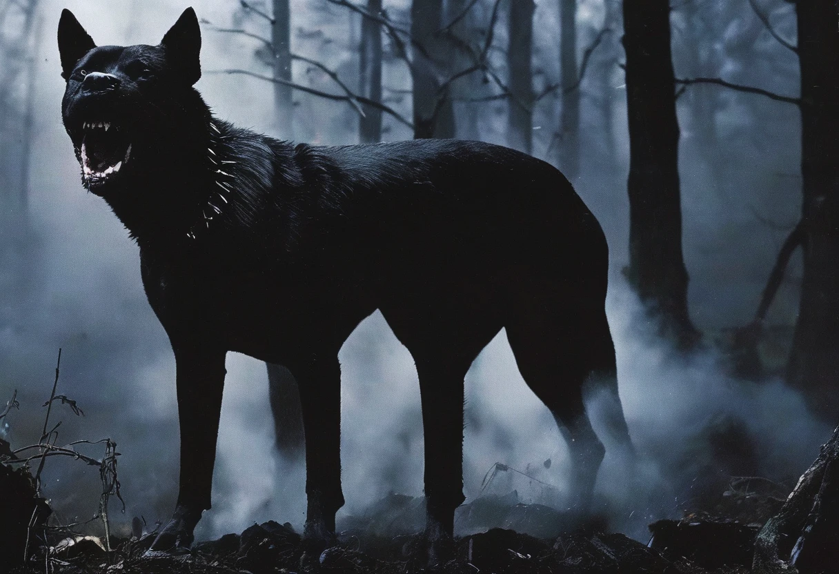 giant black dog, dark forest background
