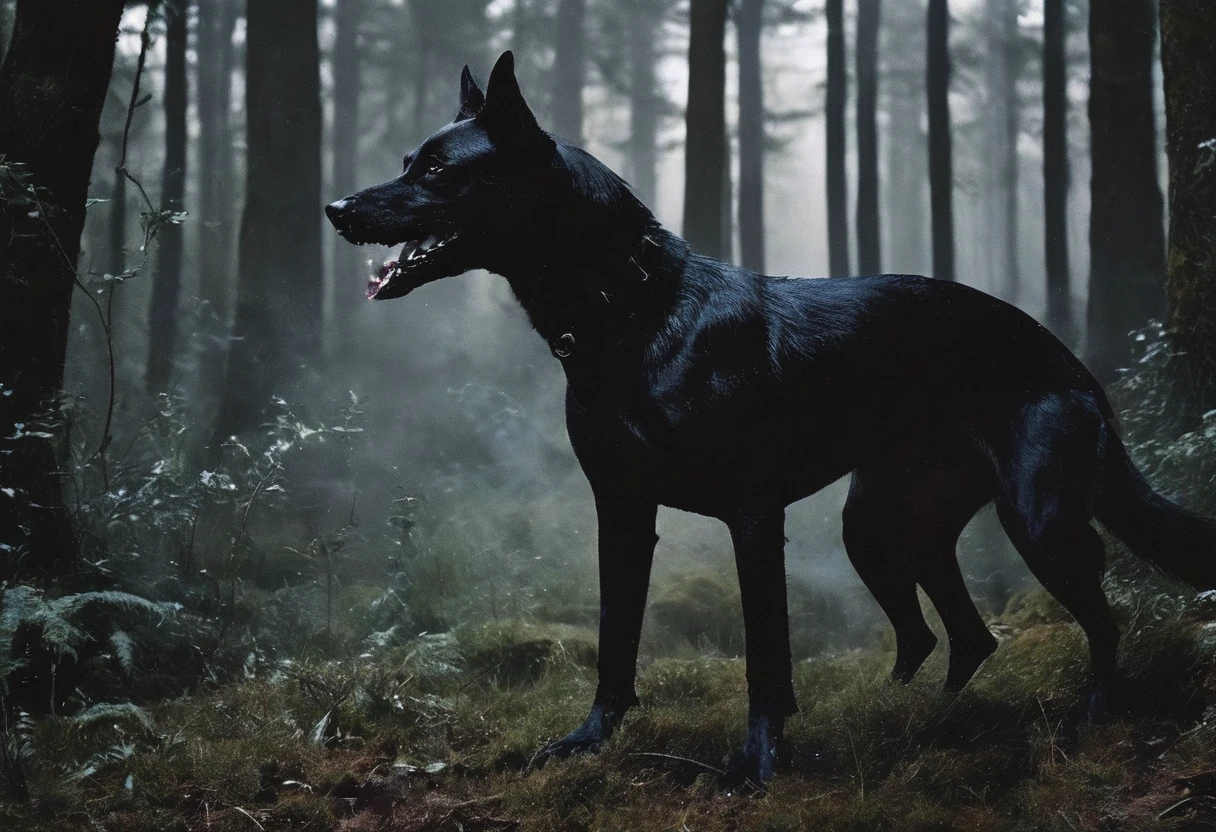giant black dog, dark forest background
