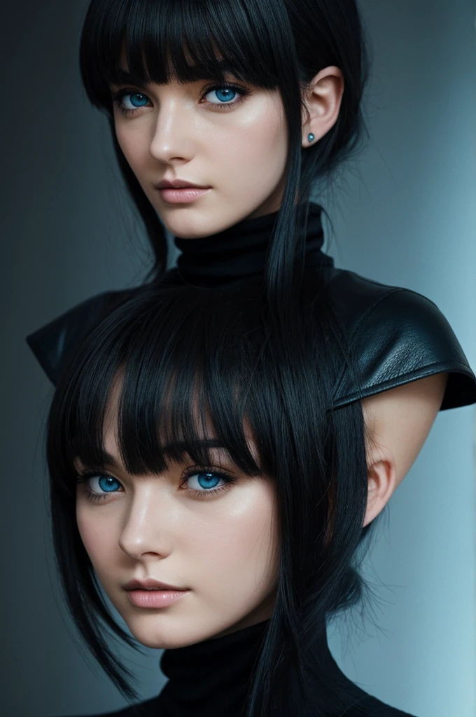 Draw an anime female, with cool tones, in the dark, with short black hair, with her bangs looking long to abive nose, and some hair strands below her ear. Blue eyes that shine in the dark, pale skin that looks soft, with a black turtleneck leather with no sleeves. The female looks serious but in a position of getting ready for battle.