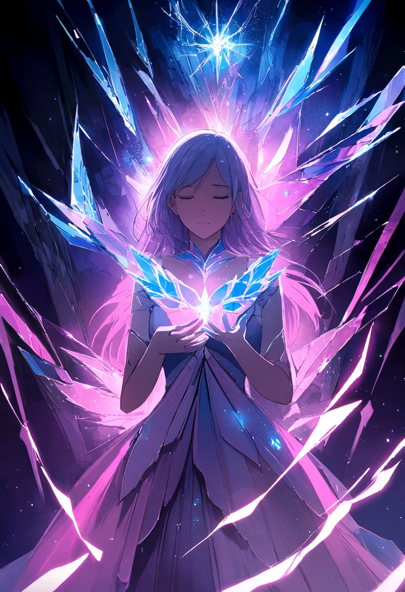 Cover for a song, a forest with phosphorescent blue and pink lights and realistic pink and blue flames. Written in a phosphorescent light pink and blue the word "Shattered Mirror". With the credits in white "by moonxtrax"