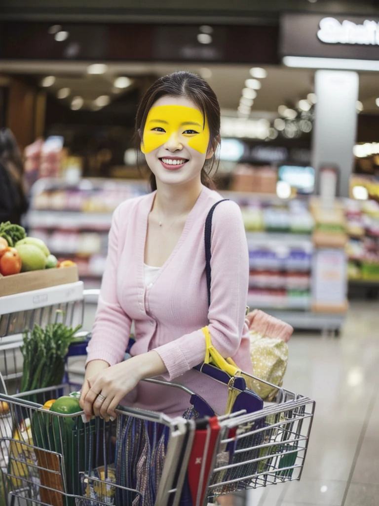 The Araffe woman had a fake smile. on the face standing next to a shopping cart, thick, Get groceries, Female model, 2 4 years old, She has a cute face., ปรากฏตัวin the department store, Better known as Amaranth., She is smiling, Crazy smile, Trending at cgstation, at the department store, in the department store
