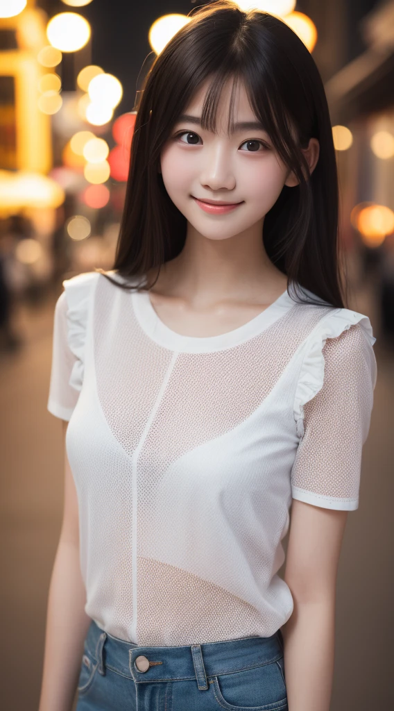 masutepiece, Best Quality, 8K, sixteen years old,  Raw photo, absurderes, award winning portrait, (Smile:1.2),Detailed cute face、Lustrous skin、 Solo, Night, neons, Idol face, violaceaess, gardeniass, Delicate woman、(large full breasts:1.2)、Mesh Shirt、 Upper body  、Digital SLR, Looking at Viewer, Candid, Sophisticated, Thin arms, Professional Lighting, Film grain, chromatic abberation, (Eyes and faces with detailed:1.0), (Bokeh:1.1)、Bright lighting