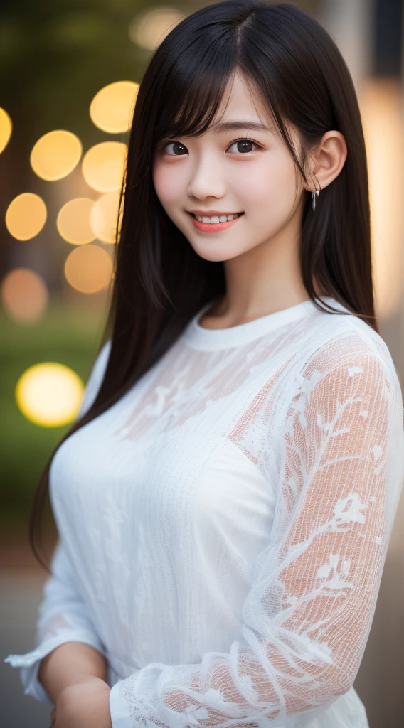 masutepiece, Best Quality, 8K, sixteen years old, Raw photo, absurderes, award winning portrait, (Smile:1.2),Detailed cute face、Lustrous skin、 Solo, Night, neons, Idol face, violaceaess, gardeniass, Delicate woman、(large full breasts:1.2)、Mesh Shirt、 Upper body 、Digital SLR, Looking at Viewer, Candid, Sophisticated, Thin arms, Professional Lighting, Film grain, chromatic abberation, (Eyes and faces with detailed:1.0), (Bokeh:1.1)、Bright lighting