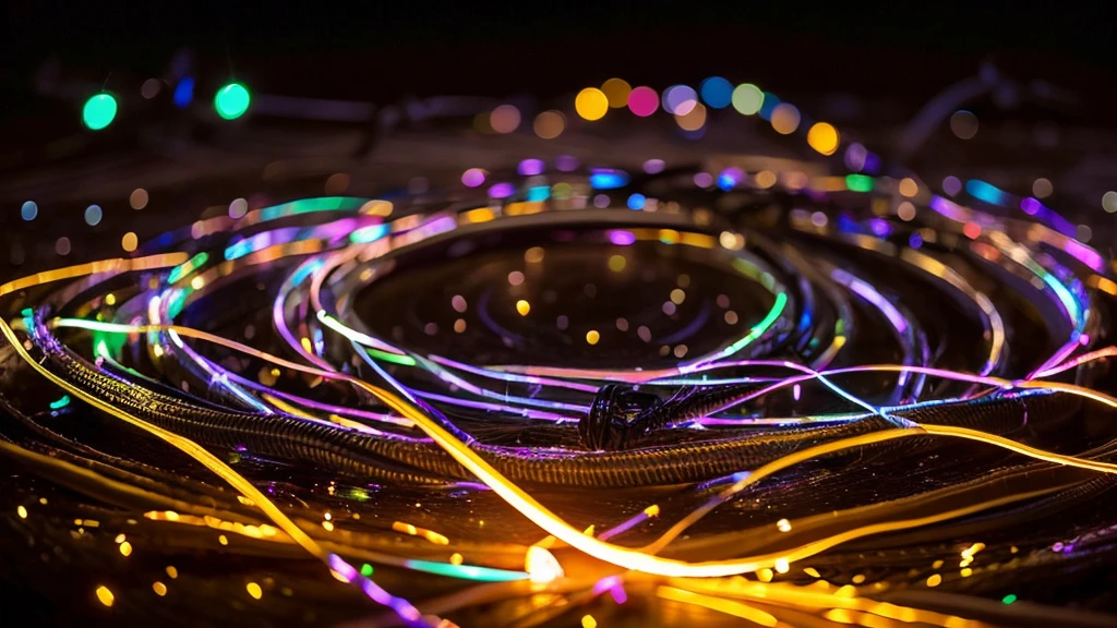 image of a fiber optic cable that forms a lovebird, the end of the optic cable looks tangled in a mess, the optic cable of various colors looks spectacular starting to unravel, all of which spins away with the end glowing with light