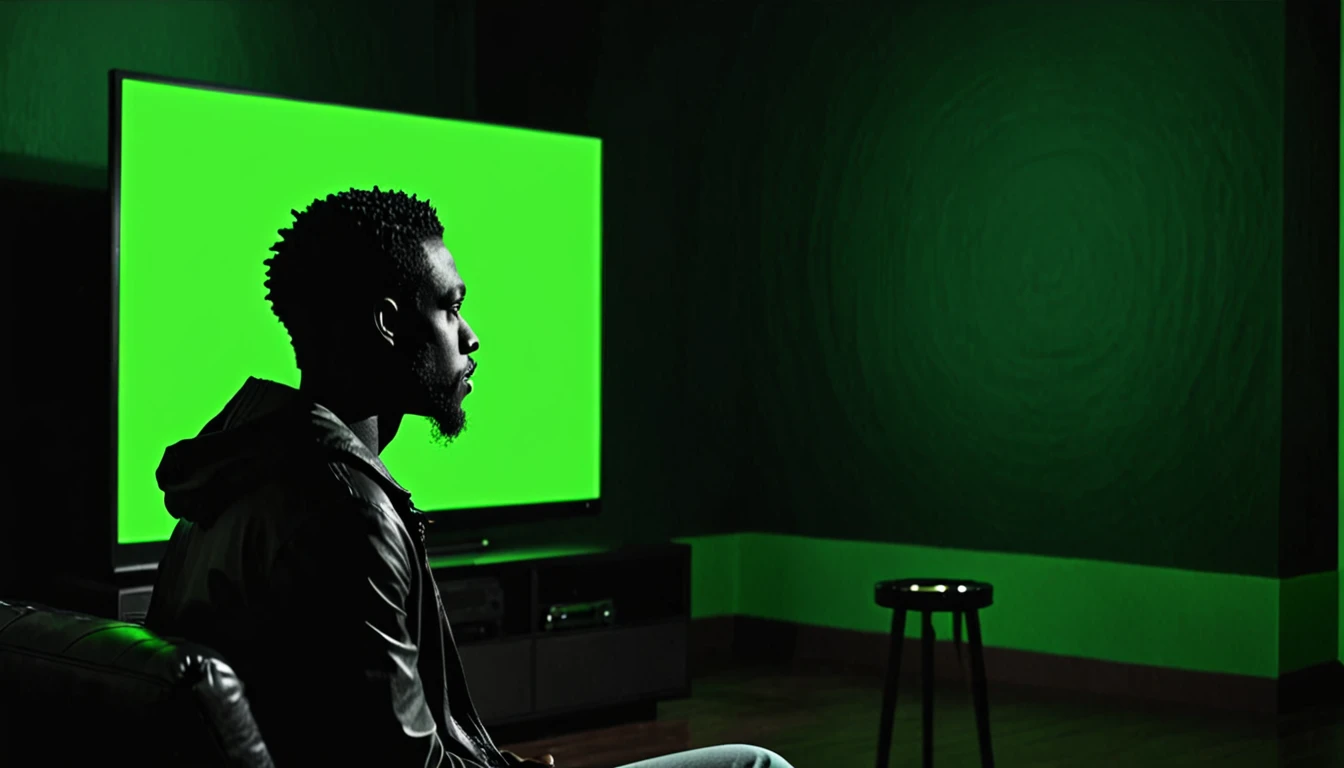 Mysterious dark man side view watching full green screen in TV clearly visible background is very dark mysterious