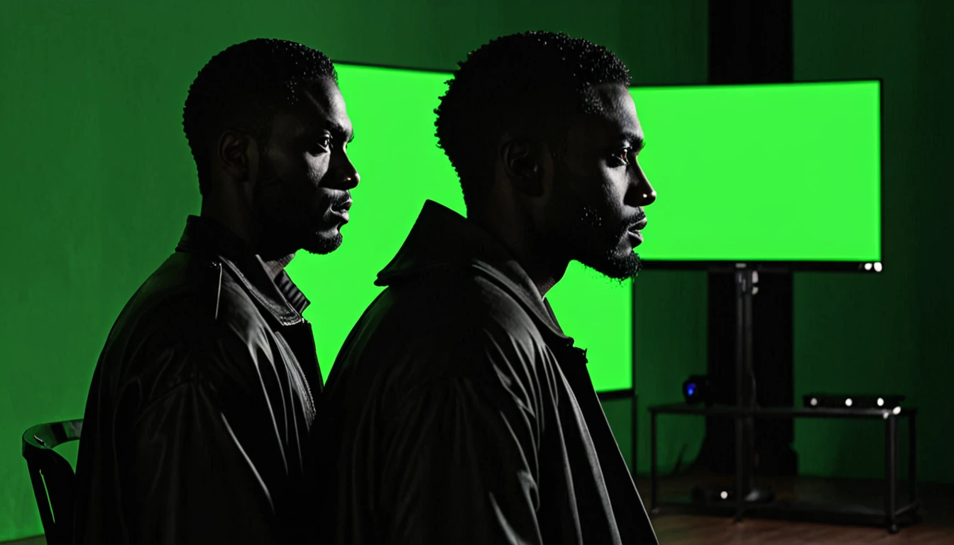 Mysterious dark man side view watching full green screen in TV clearly visible background is very dark mysterious