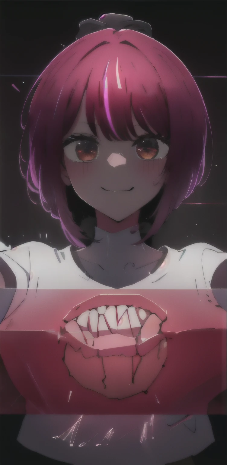 (nsfw) not safe for work, (Obra de arte:1.2), melhor qualidade, absurdos, fundo detalhado, Obra de arte, melhor qualidade, Sorriso, ornament, capuz, neon red, Grafite, escuro, noite, olhos brilhantes, selfie, medium chest