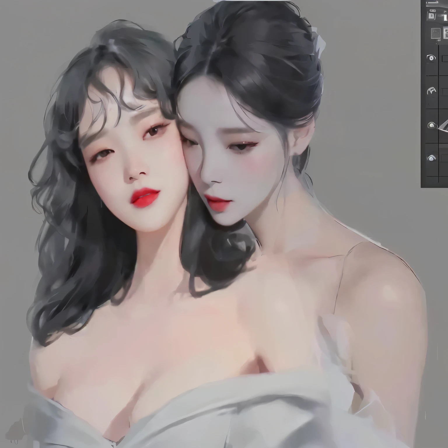 Close-up of a woman in a white dress and a woman wearing red lipstick., [ digital art 4k ]!!, Wolop and Sakimi-chan, By Yang J, artwork in the style of Guvez, Soft digital painting, Inspiration from Yan Juncheng, digital painting 8k, โดย Jeong Seon, Guvez, Spectacular painting