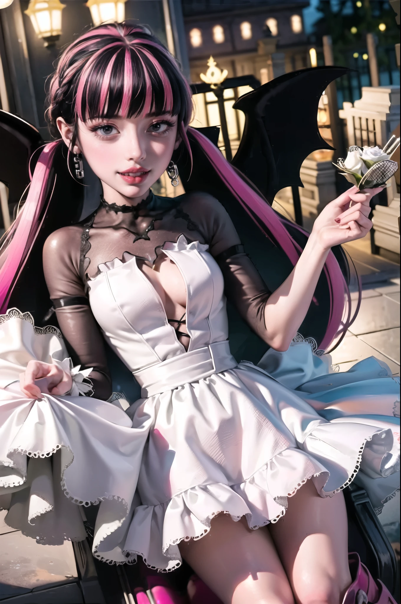 ((high quality)), ((Work of art)), (more detail), 1girl, succubus, centered, a girl with a bat wings, award winning upper body portrait, cowboy shot, Draculaura_MH, solo, black half hair, pink half hair, multicolored hair, long hair, wave hair, braided hair, chinese hairpin, white shirt, white skirt, pink knee boots, smiling, gothic style, cemetery scenery, gold lanterns, white roses, depth of field, cinematic composition, half black hair, half soft pink hair, wave hair, seat close to a coffin, white roses, smile, vampire fangs, gothic dress, bat wings, white dress, white dress with transparency, pink laces, white gloves, white high socks, pink high hills boots, bat jewelry, jewelry, grass, white roses on focus, Draculaura_(monster high), Monster High, looking at the viewer, more details on the clothes, petals in the air