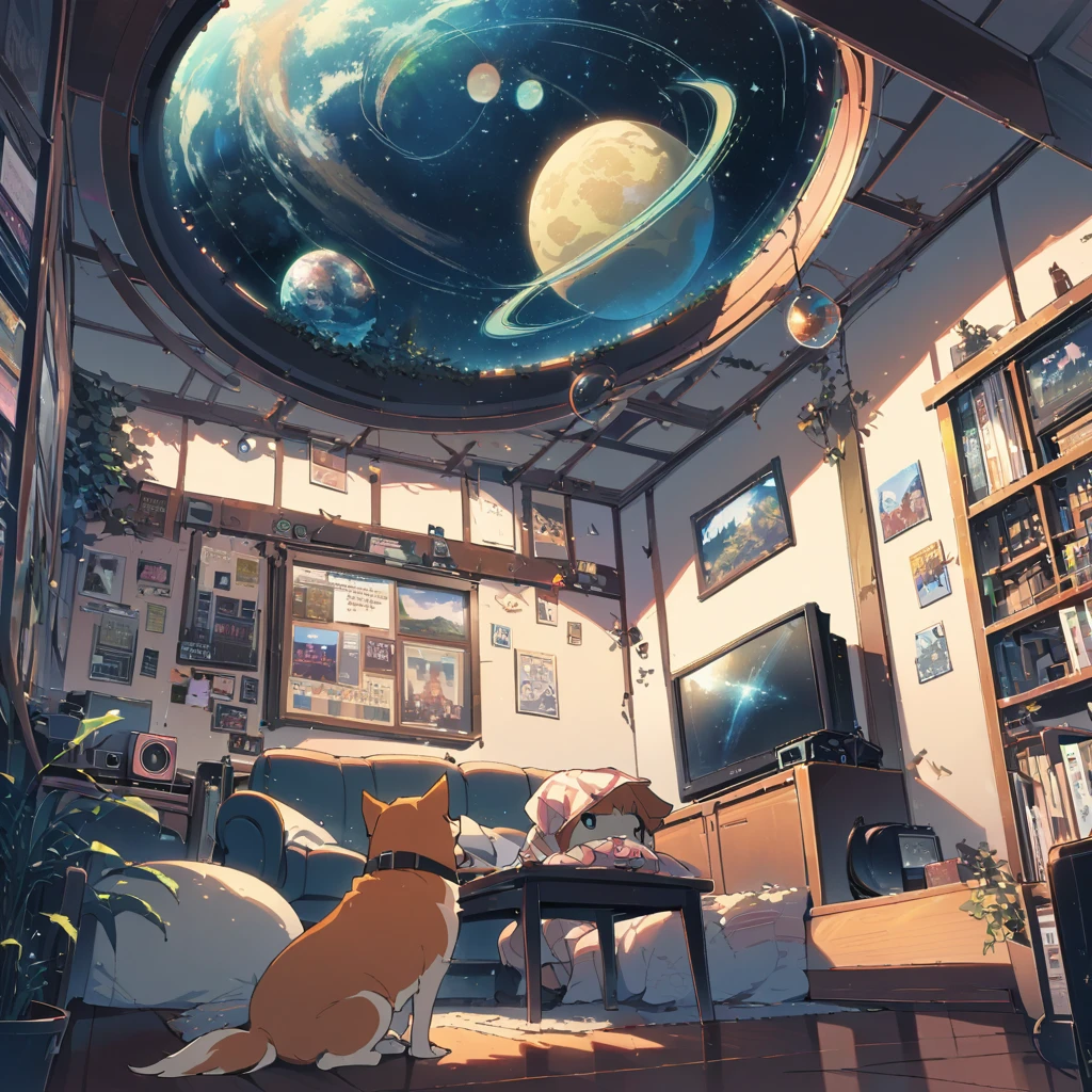 ((anime:1.4,illustration)),(masterpiece, top quality, best quality),(ultra-detailed, absolutely resolution),((16k, high res)), (((Interior, small living room, planetarium on the whole ceiling, boy and dog looking up)) ((cosy lofi illustration:1.4)), ((anime:1.4, illustration)),(masterpiece, top quality, best quality),(ultra-detailed, absolutely resolution),((16k, high res)) BREAK {lofi art, style of Laurie Greasley, style of Makoto Shinkai, anime aesthetic}, BREAK { (produces images with information than 40 million pixels with cinematic-like detailed textures shot on a Sony SLR).}