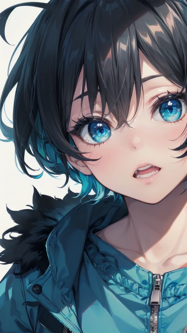 Close-up of a cartoon girl with blue hair and a yellow shirt, 2D Animation, 2D Animation style, 2D Art, 2D Art, 2D from Gorillaz, 2D from Gorillaz, 2D Gorillaz, Screaming Cerket, 2D Sprites, Jinx Face, short hair, hot pants, Small breasts, ((Black Hair, Bright blue fur inside:1.4))