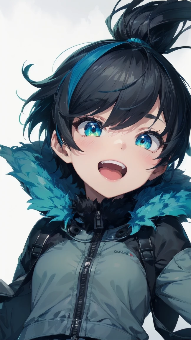 Close-up of a cartoon girl with blue hair and a yellow shirt, 2D Animation, 2D Animation style, 2D Art, 2D Art, 2D from Gorillaz, 2D from Gorillaz, 2D Gorillaz, Screaming Cerket, 2D Sprites, Jinx Face, short hair, Small breasts, hot pants, ((Black Hair, Bright blue fur inside:1.4))