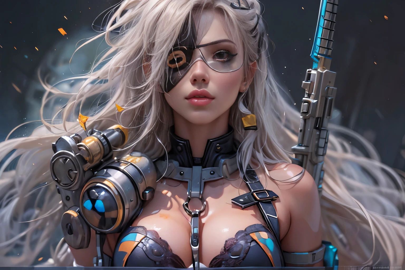 (Eyepatch on left eye:1.8)、(Cowboy Shot:1.4)、Beautiful Young Woman Space Pirate、Beautiful detailed right eye、Long detailed eyelashes、Dreadlocks、Ideal proportions、Large Breasts、Spaceship、Spaceport、arms、gun、knife、sword、Sensual pose、Provocative pose、(Highest quality、4k、8k、High resolution、masterpiece:1.2)、Super detailed、(Real、Photorealistic、Photorealistic:1.37)、Cinematic lighting、Dramatic lighting、Bright colors、Very detailed、SF、cyber punk、Digital Art、mynatalee woman