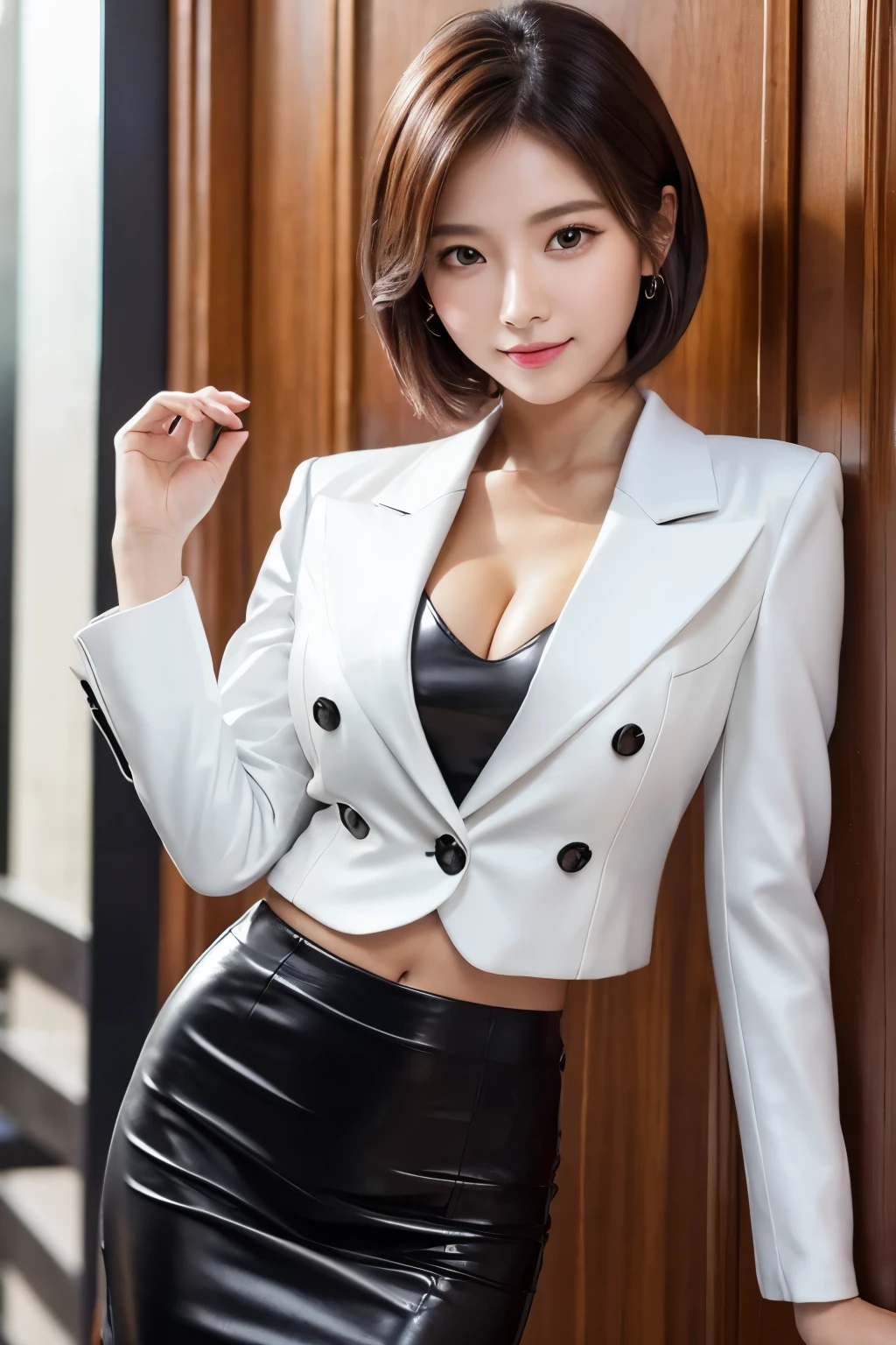 Slim Style, Adult、Sexy、formal, Leather suit、Double breasted blazer、Tight Skirt、Realistic leather texture,short hair