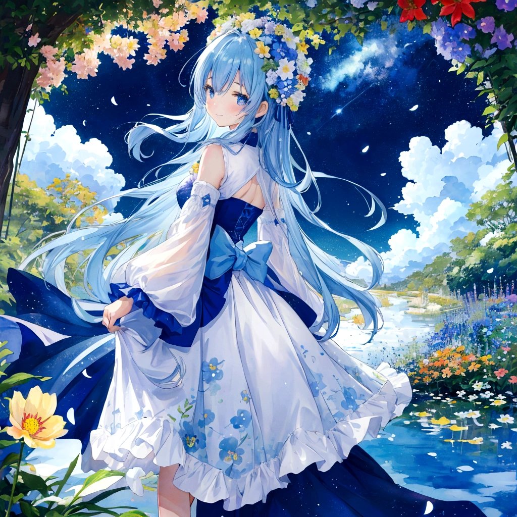 (High resolution、Very detailed、Hmph、movie)、alone、1 Girl、happiness、Girl Standing In Cosmos Flower Garden、Girl around the petals、Cute Smile、Esbian all over、Girl with long blue hair、Light blueの髪、Look forward、Fantasy、Official Art、Pop Art、profile、Very detailed顔、Very detailed目、Cosmos Flower Garden、Ultra Detailed Fields、White blue sky、 Light blue、Blanche、Nebula in the sky、Autumn foliage scenery、Watercolor、pastel colour