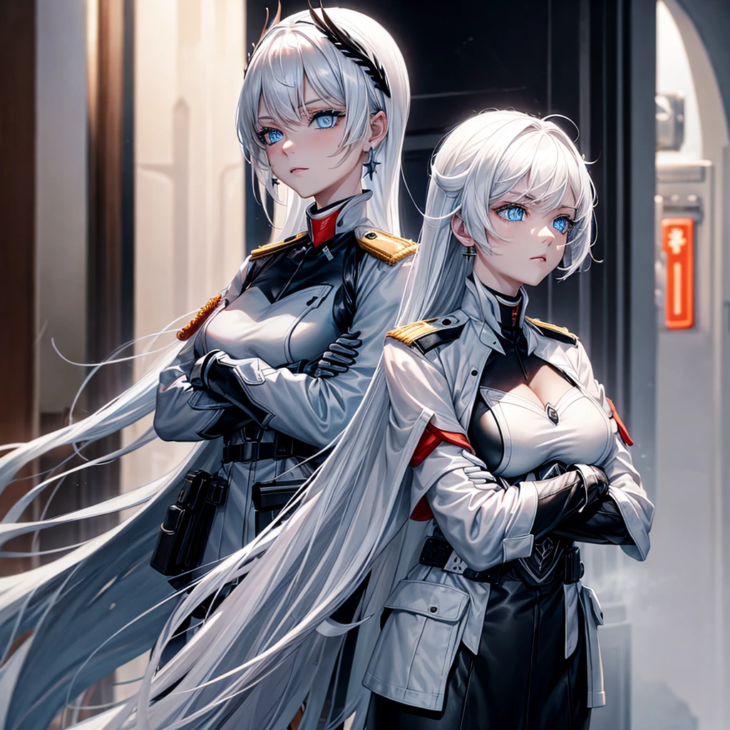 White hair, blue eyes, beautiful female, black military uniform, white leather clothing, black leather clothing, black gloves, crossed arms