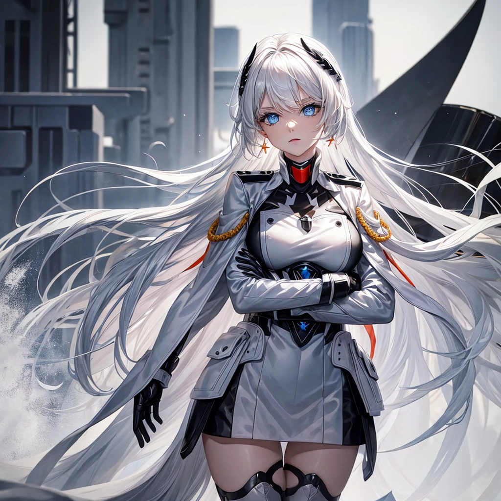 White hair, blue eyes, beautiful female, black military uniform, white leather clothing, black leather clothing, black gloves, crossed arms