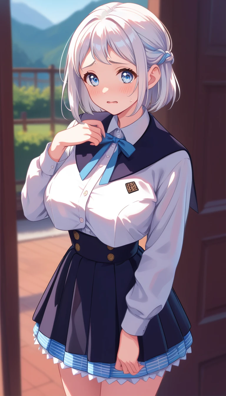 16k,1girl, katsuragi lilja,blue eyes,white hair,short hair,braid,,sailor collar,neck ribbon, white shirt,layered skirt,high-waist skirt,pic,looking view,blush,embarrassed,big breast,breast focus