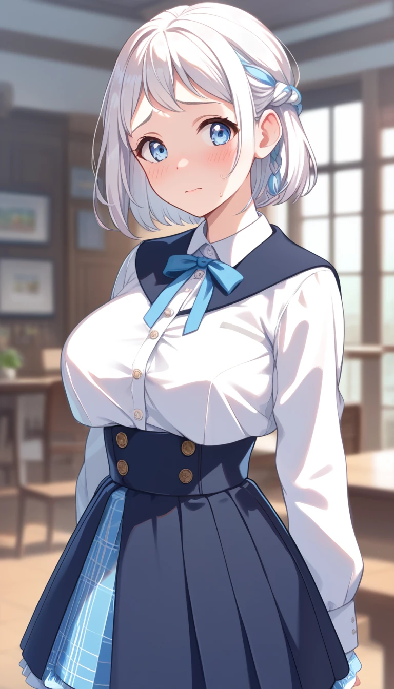 16k,1girl, katsuragi lilja,blue eyes,white hair,short hair,braid,,sailor collar,neck ribbon, white shirt,layered skirt,high-waist skirt,pic,looking view,blush,embarrassed,big breast,breast focus