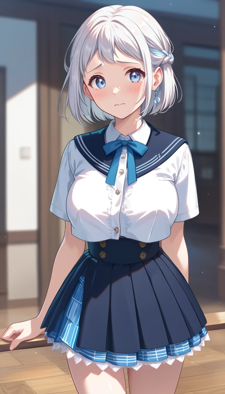 16k,1girl, katsuragi lilja,blue eyes,white hair,short hair,braid,,sailor collar,neck ribbon, white shirt,layered skirt,high-waist skirt,pic,looking view,blush,embarrassed,big breast,breast focus