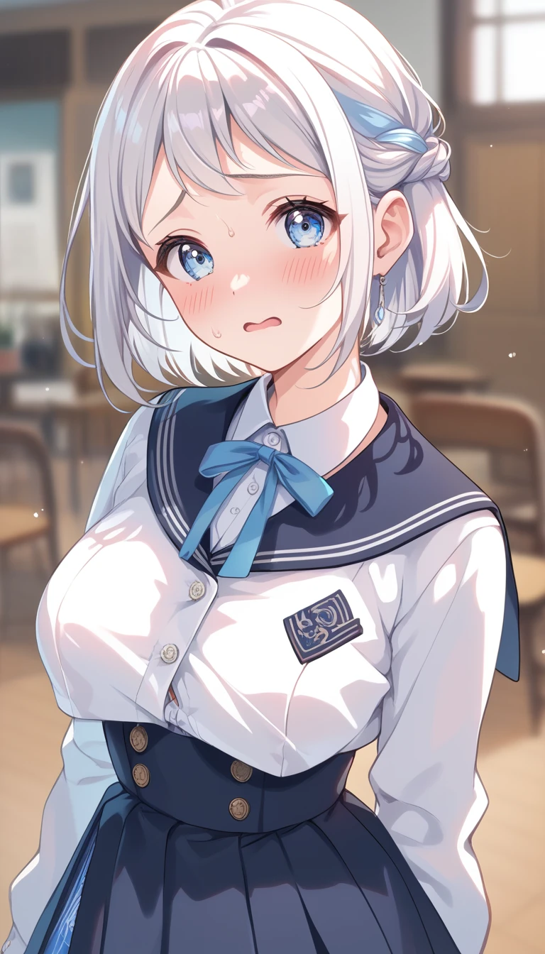 16k,1girl, katsuragi lilja,blue eyes,white hair,short hair,braid,,sailor collar,neck ribbon, white shirt,layered skirt,high-waist skirt,pic,looking view,blush,embarrassed,big breast,breast focus