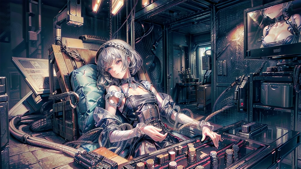 (((masterpiece))), (((Highest quality))), ((Very detailed)), (Highly detailed CG illustrations), ((Very delicate and beautiful)),(Cute and delicate face),Light,((1. Machine Girl)),alone,whole body,(Machine made joints:1.4),((Mechanical Limbs)),(Muscle swelling),(The container is connected to a tube),(Brain in a container:1.3),((Mechanical vertebrae attached to the back)),((Mechanical cervical spine attached to the neck)),((Sitting)),poker face,(Wires and cables attached to head and body:1.5),Small breasts,short hair,(Character Focus),SF,Lying down,Dark shortcuts,Centering shortcuts,A devastated society,alone,