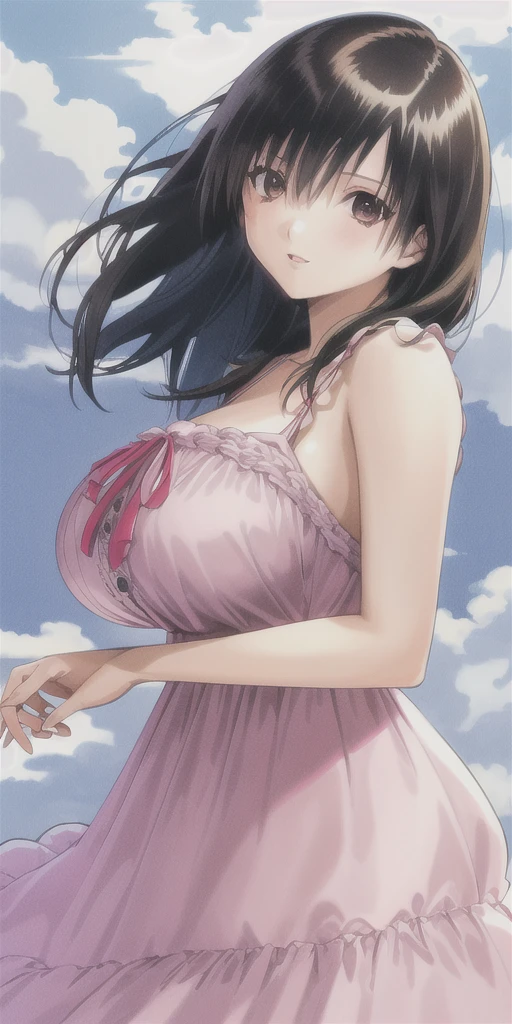 yoshizuki_iori, huge_breasts, standing, solo, sundress, masterpiece, best quality, detailed face, detailed eyes, highres,