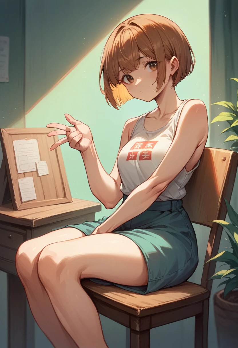 girl sitting bossy in a chair, with a big "minji" sign at the back, golden brown hair, bob cut with a cute bangs, medium chest, hyper realistic style