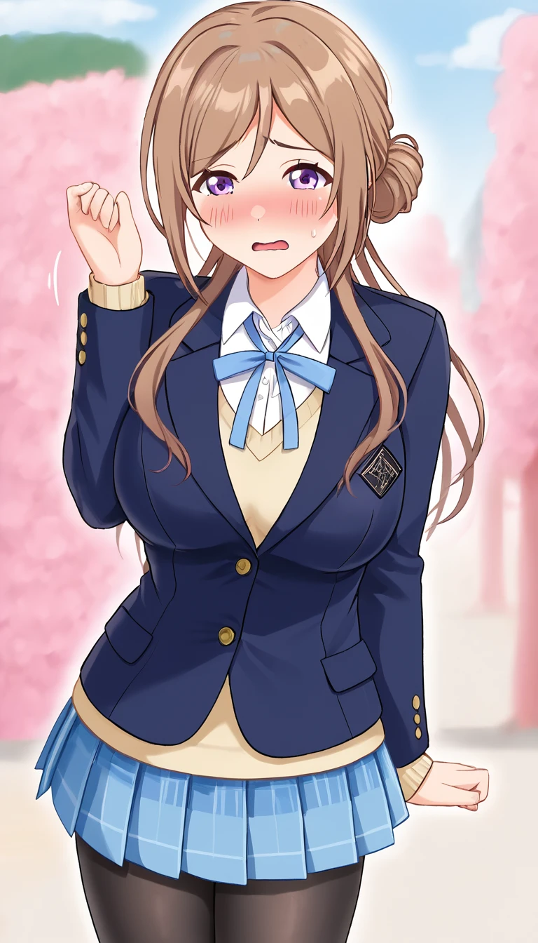 16k,1girl,himesaki rinami,purple eyes,brown hair,hair bun,long hair, , blazer, blue neck ribbon, pleated skirt, black pantyhose,blush,embarrassed,big breast,breast focus