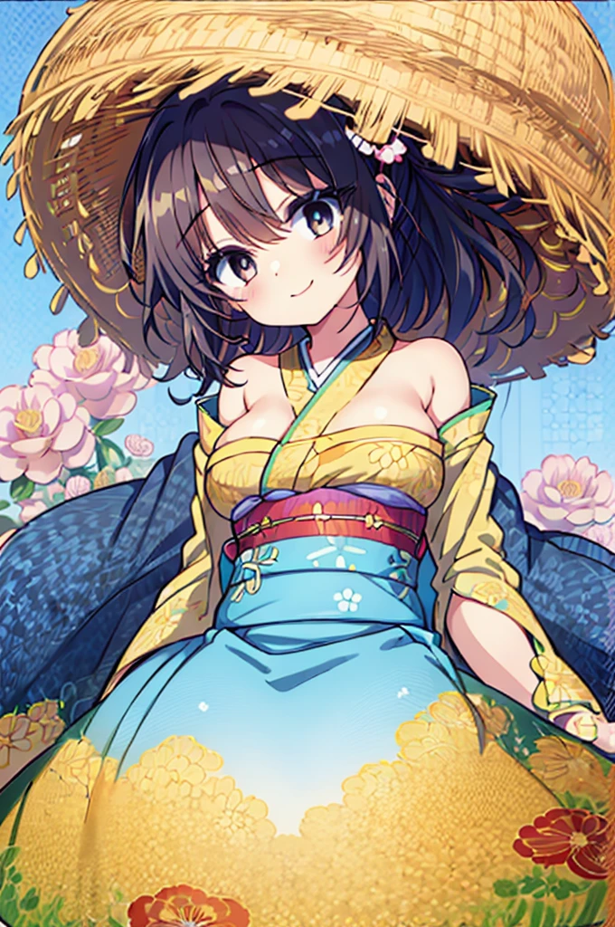 ((Masterpiece)),((high resolution)),((Best Quality)),Anime illustration,((1girl)),,(Black Hair),short hair,Short ponytail,Large, round scarlet eyes,Droopy eyes,smile,,(Young),baby face and big breasts,large breasts,(low length),(Short),Ladylike,Elegant,blue sky,kimonos,White and red clothes,Red Japanese umbrella,