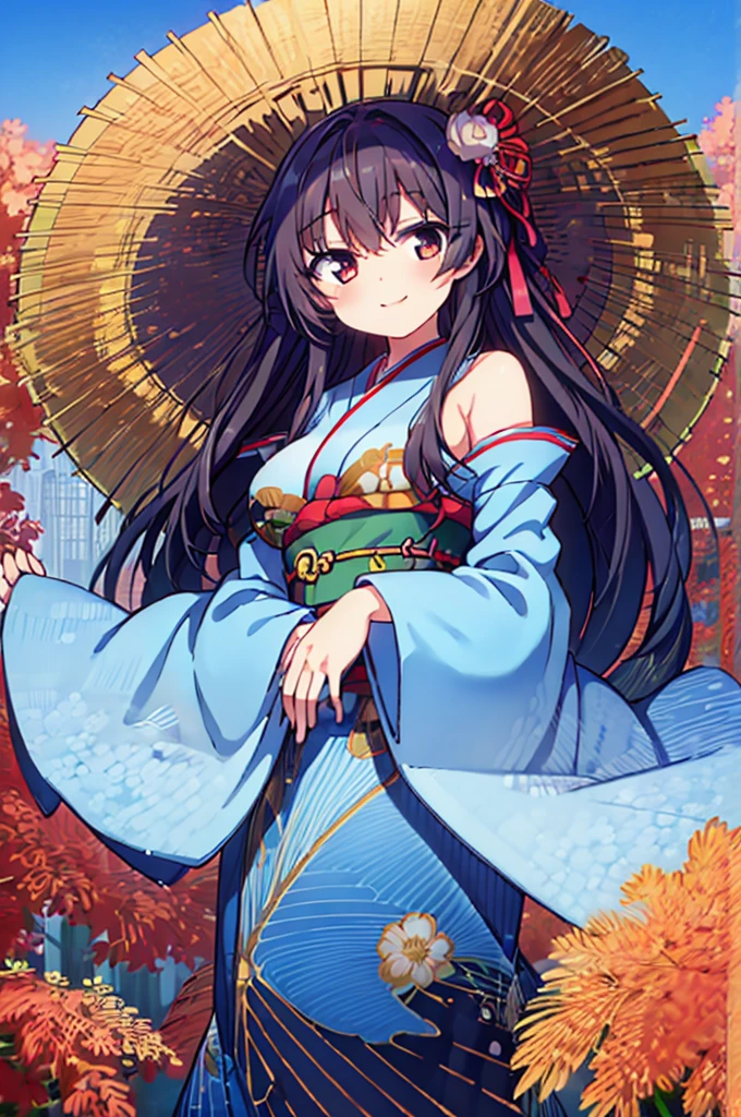 ((Masterpiece)),((high resolution)),((Best Quality)),Anime illustration,((1girl)),,(Black Hair),short hair,Short ponytail,Large, round scarlet eyes,Droopy eyes,smile,15 years old,(Young),baby face and big breasts,large breasts,(low length),(Short),Ladylike,Elegant,blue sky,kimonos,White and red clothes,Red Japanese umbrella,