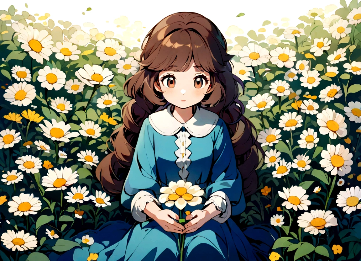 A girl with dark brown hair, brown eyes, blue dress, sitting in a field full of flowers, looking at a flower that she holds in her hands. cartoon-like style: Madeline