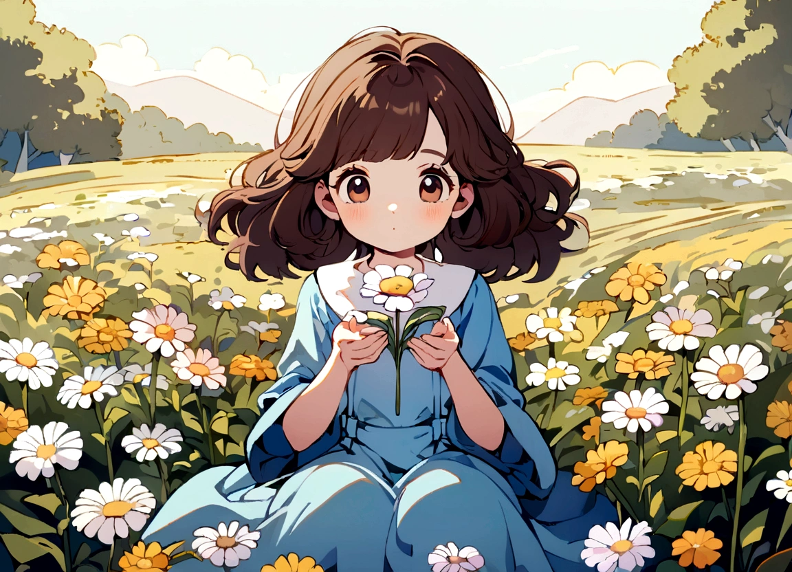 A girl with dark brown hair, brown eyes, blue dress, sitting in a field full of flowers, looking at a flower that she holds in her hands. cartoon-like style: Madeline