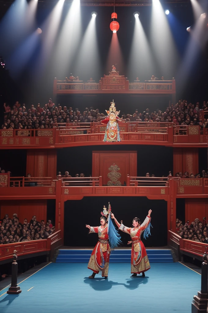 Two people in Peking Opera costumes are singing on an ancient stage in the background. Many people are watching below the stage. The characters are clear and the light is retro. The people below the stage are wearing Tang suits.