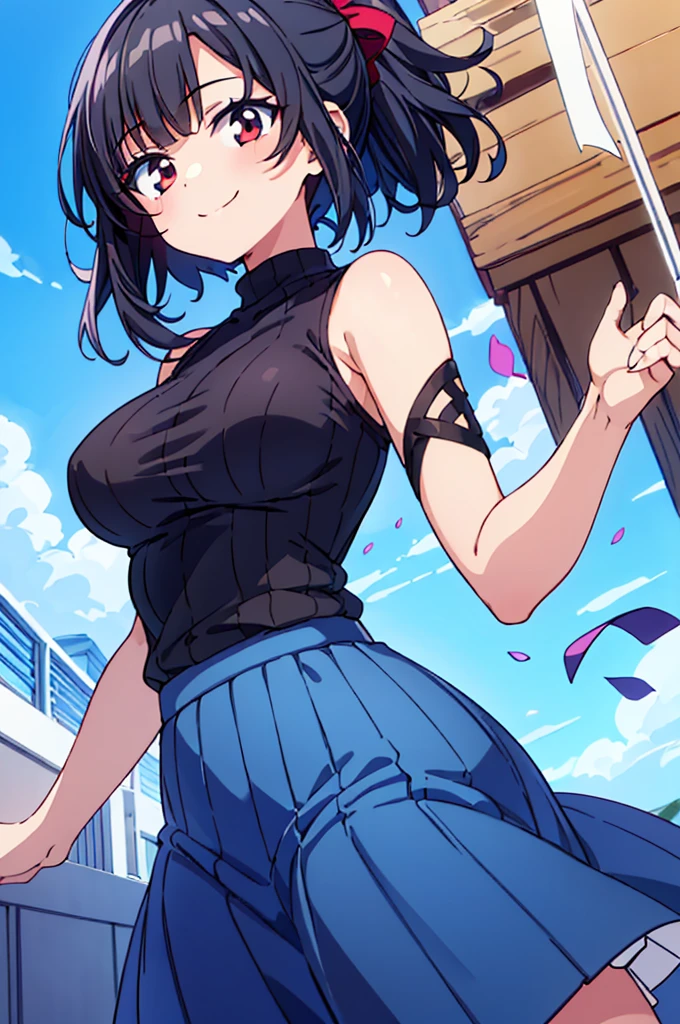 ((Masterpiece)),((high resolution)),((Best Quality)),Anime illustration,((1girl)),,(Black Hair),short hair,Short ponytail,Large, round scarlet eyes,Droopy eyes,smile,,(Young),baby face and big breasts,large breasts,(low length),(Short),white shoulder sweater,Slit Skirt,Long skirt,Ladylike,Elegant,blue sky,