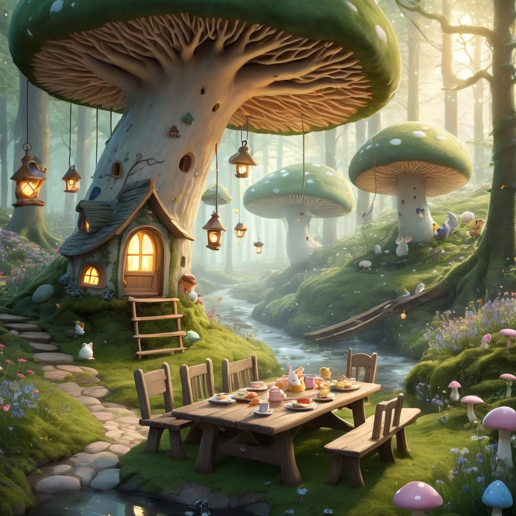 Create an incredibly amazing and fantastical image titled "Artstation Adorable." Imagine a whimsical, magical forest filled with adorable, fantastical creatures engaging in delightful activities. The scene is bathed in soft, golden light, creating a warm and inviting atmosphere.

In the foreground, a group of tiny, anthropomorphic animals—such as bunnies, squirrels, and foxes—are gathered around a whimsical tea party set on a large mushroom. Each creature is dressed in charming, miniature clothing, adding to their cuteness. The table is adorned with tiny teacups, colorful pastries, and blooming flowers.

Surrounding the tea party, the forest floor is covered in a carpet of soft moss and dotted with vibrant flowers and glowing mushrooms. Delicate fireflies hover in the air, adding a touch of magic with their gentle light. In the background, a sparkling stream winds its way through the forest, with stepping stones and small wooden bridges crossing it.

The trees are tall and ancient, with twisted branches and leaves that shimmer with an ethereal glow. Hanging from the branches are tiny lanterns and fairy lights, creating a magical canopy overhead. Among the trees, whimsical treehouses and nests can be seen, home to more adorable creatures peeking out and joining the fun.

The color palette should be bright and cheerful, with a harmonious blend of pastels and natural hues. Use detailed, flowing lines to capture the intricate beauty and adorableness of the scene.

The entire image should evoke a sense of wonder, joy, and the enchanting charm of a magical forest filled with adorable creatures, creating a truly unique and heartwarming masterpiece.