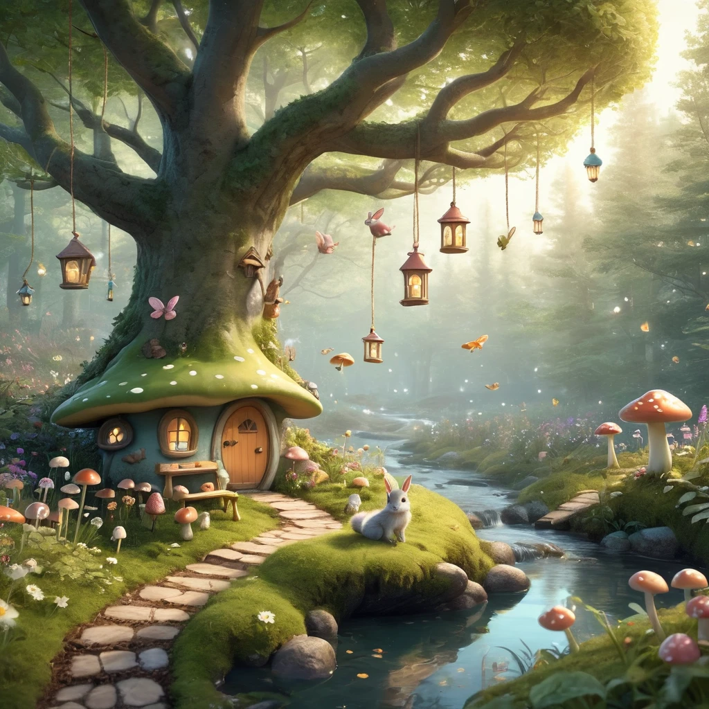 Create an incredibly amazing and fantastical image titled "Artstation Adorable." Imagine a whimsical, magical forest filled with adorable, fantastical creatures engaging in delightful activities. The scene is bathed in soft, golden light, creating a warm and inviting atmosphere.

In the foreground, a group of tiny, anthropomorphic animals—such as bunnies, squirrels, and foxes—are gathered around a whimsical tea party set on a large mushroom. Each creature is dressed in charming, miniature clothing, adding to their cuteness. The table is adorned with tiny teacups, colorful pastries, and blooming flowers.

Surrounding the tea party, the forest floor is covered in a carpet of soft moss and dotted with vibrant flowers and glowing mushrooms. Delicate fireflies hover in the air, adding a touch of magic with their gentle light. In the background, a sparkling stream winds its way through the forest, with stepping stones and small wooden bridges crossing it.

The trees are tall and ancient, with twisted branches and leaves that shimmer with an ethereal glow. Hanging from the branches are tiny lanterns and fairy lights, creating a magical canopy overhead. Among the trees, whimsical treehouses and nests can be seen, home to more adorable creatures peeking out and joining the fun.

The color palette should be bright and cheerful, with a harmonious blend of pastels and natural hues. Use detailed, flowing lines to capture the intricate beauty and adorableness of the scene.

The entire image should evoke a sense of wonder, joy, and the enchanting charm of a magical forest filled with adorable creatures, creating a truly unique and heartwarming masterpiece.