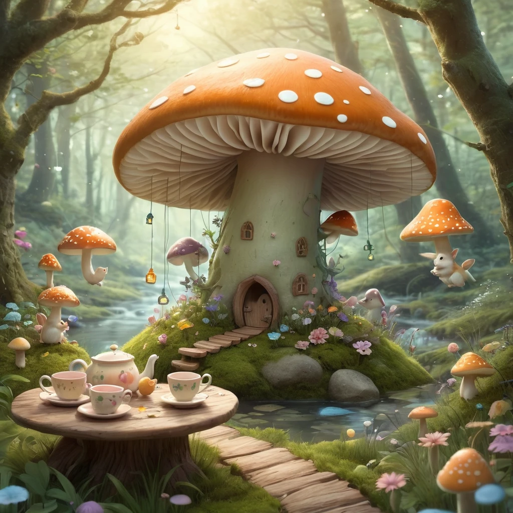 Create an incredibly amazing and fantastical image titled "Artstation Adorable." Imagine a whimsical, magical forest filled with adorable, fantastical creatures engaging in delightful activities. The scene is bathed in soft, golden light, creating a warm and inviting atmosphere.
In the foreground, a group of tiny, anthropomorphic animals—such as bunnies, squirrels, and foxes—are gathered around a whimsical tea party set on a large mushroom. Each creature is dressed in charming, miniature clothing, adding to their cuteness. The table is adorned with tiny teacups, colorful pastries, and blooming flowers.
Surrounding the tea party, the forest floor is covered in a carpet of soft moss and dotted with vibrant flowers and glowing mushrooms. Delicate fireflies hover in the air, adding a touch of magic with their gentle light. In the background, a sparkling stream winds its way through the forest, with stepping stones and small wooden bridges crossing it.
The trees are tall and ancient, with twisted branches and leaves that shimmer with an ethereal glow. Hanging from the branches are tiny lanterns and fairy lights, creating a magical canopy overhead. Among the trees, whimsical treehouses and nests can be seen, home to more adorable creatures peeking out and joining the fun.
The color palette should be bright and cheerful, with a harmonious blend of pastels and natural hues. Use detailed, flowing lines to capture the intricate beauty and adorableness of the scene.
The entire image should evoke a sense of wonder, joy, and the enchanting charm of a magical forest filled with adorable creatures, creating a truly unique and heartwarming masterpiece.