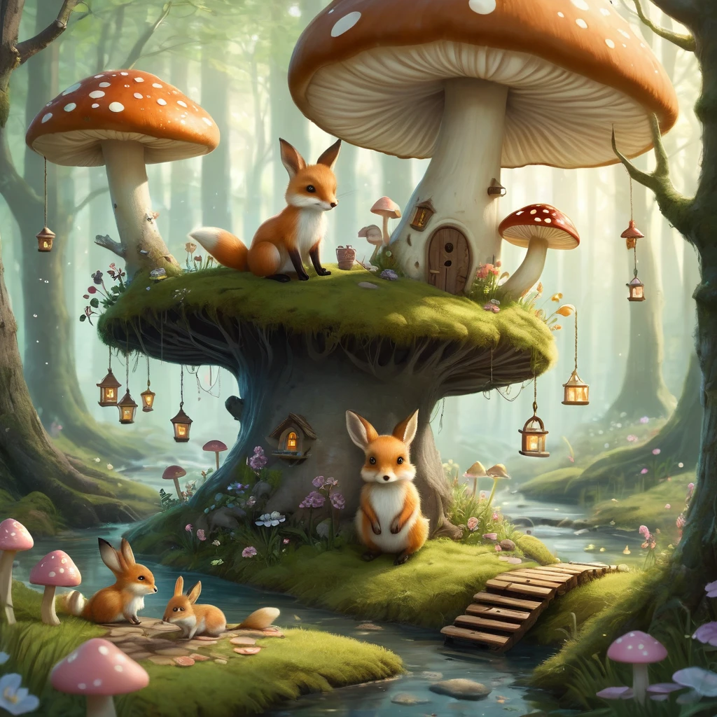 Create an incredibly amazing and fantastical image titled "Artstation Adorable." Imagine a whimsical, magical forest filled with adorable, fantastical creatures engaging in delightful activities. The scene is bathed in soft, golden light, creating a warm and inviting atmosphere.
In the foreground, a group of tiny, anthropomorphic animals—such as bunnies, squirrels, and foxes—are gathered around a whimsical tea party set on a large mushroom. Each creature is dressed in charming, miniature clothing, adding to their cuteness. The table is adorned with tiny teacups, colorful pastries, and blooming flowers.
Surrounding the tea party, the forest floor is covered in a carpet of soft moss and dotted with vibrant flowers and glowing mushrooms. Delicate fireflies hover in the air, adding a touch of magic with their gentle light. In the background, a sparkling stream winds its way through the forest, with stepping stones and small wooden bridges crossing it.
The trees are tall and ancient, with twisted branches and leaves that shimmer with an ethereal glow. Hanging from the branches are tiny lanterns and fairy lights, creating a magical canopy overhead. Among the trees, whimsical treehouses and nests can be seen, home to more adorable creatures peeking out and joining the fun.
The color palette should be bright and cheerful, with a harmonious blend of pastels and natural hues. Use detailed, flowing lines to capture the intricate beauty and adorableness of the scene.
The entire image should evoke a sense of wonder, joy, and the enchanting charm of a magical forest filled with adorable creatures, creating a truly unique and heartwarming masterpiece.