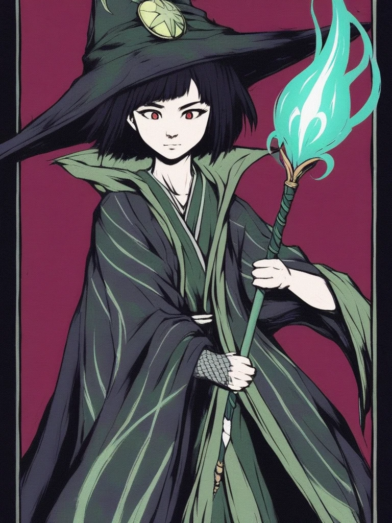 a magical girl with healing powers, red eyes, short black hair like a boy, wearing a black and green magical academic uniform with a wizard's hat and a large wand in her hand, wearing a cool black magic robe with green patterns, psychopet and sadist and badass and aggressive 