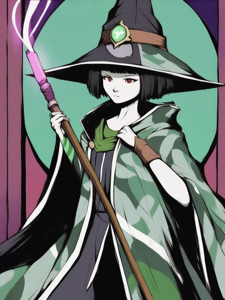 a magical girl with healing powers, red eyes, short black hair like a boy, wearing a black and green magical academic uniform with a wizard's hat and a large wand in her hand, wearing a cool black magic robe with green patterns, psychopet and sadist and badass and aggressive 